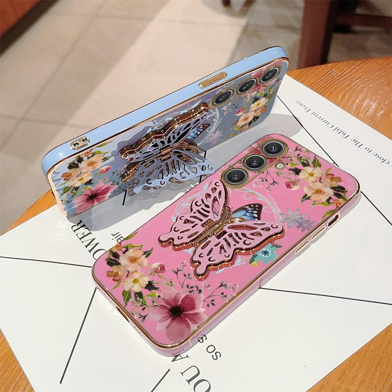 Elegant Flower Butterfly Plating Phone Case with Holder