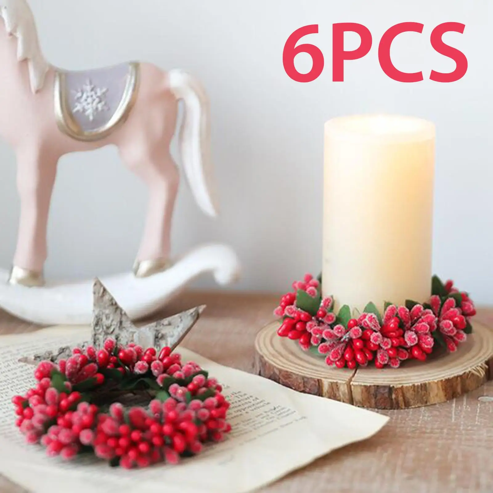 6Pcs Red Berries Candle Ring Wreath Greenery Wreath Ornament Small Candle Wreath