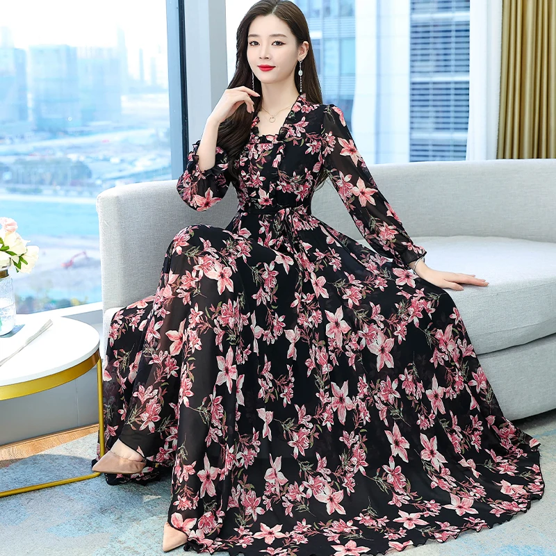 

2022 spring the new charge show thin waist height posed printed fairy long long sleeve dress to restore ancient ways big yar