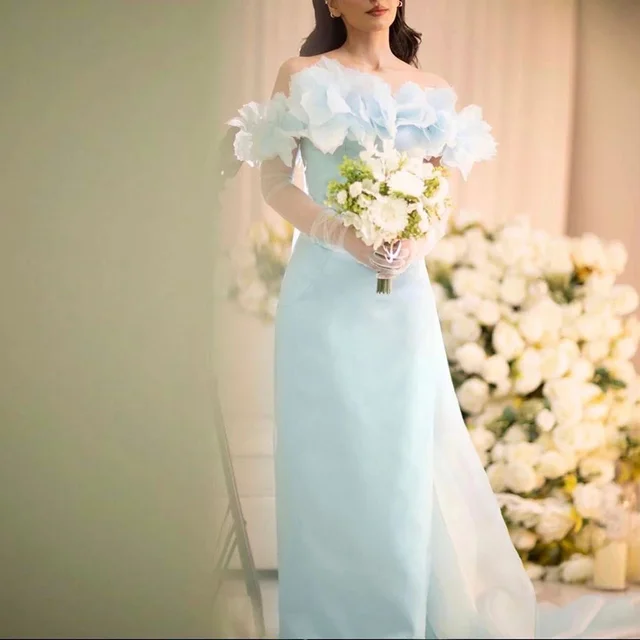 Said elegante vestido de noche árabe amarillo claro con sobrefalda