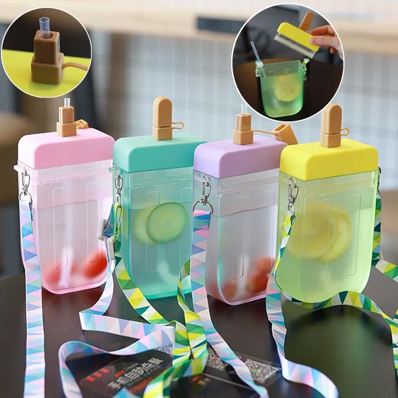 

300ML /10OZ Cute Water Bottles with Straws and Lanyard Creative Ice Cream Popsicle Shape Juice Drinking Bottles For Adult