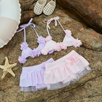Cute 3D Flower Baby Girls Swimsuit Toddler Bikini Set Halter Neck Tie Up Tops + Elastic Waist Shorts Sheer Mesh Bathing Suit 1