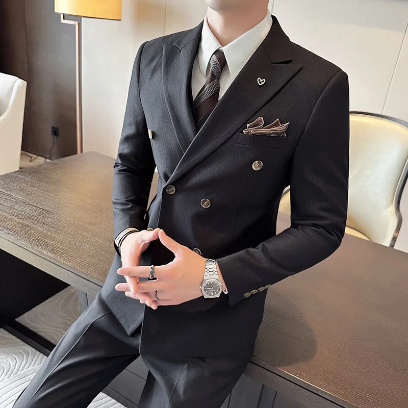 Men's High Sense (suit + Vest + Trousers) Double Breasted Weight 3/2 Piece Business Casual Bridegroom Wedding Dress Regular