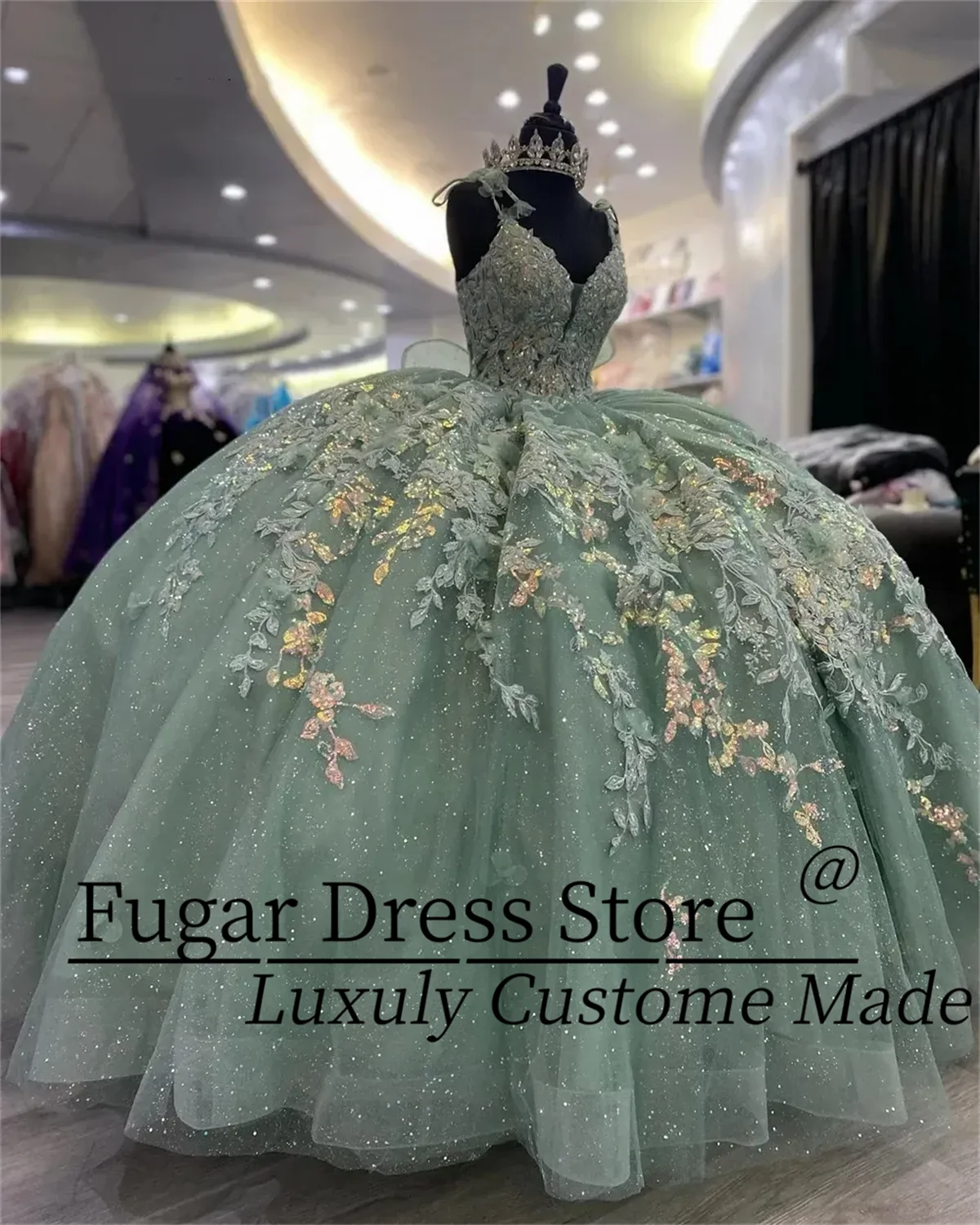 Shinning Applique Spaghetti Light Green Quinceanera Dresses Ball Gown Sweet 16 Dresses Vestidos De 15 Anos Corset Style