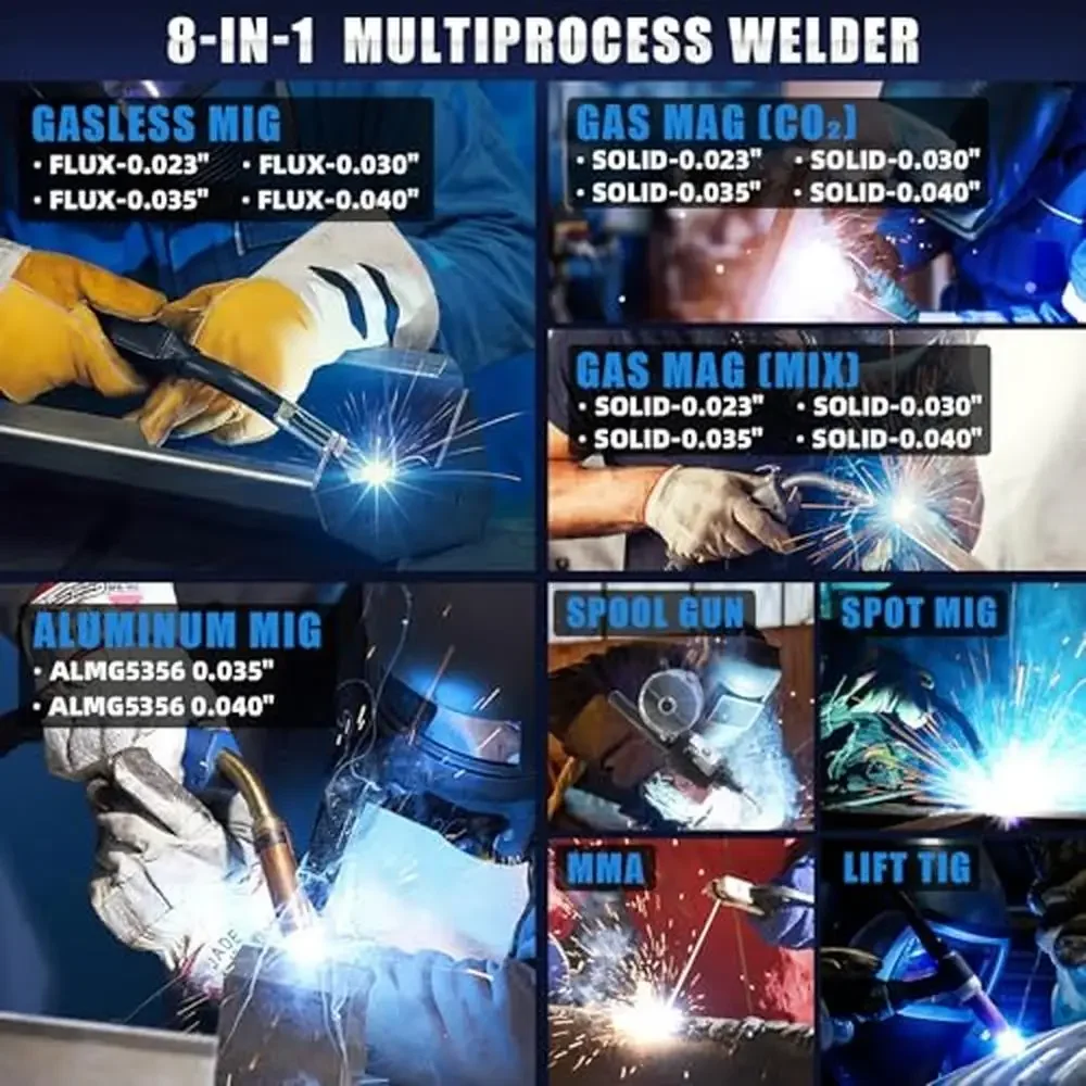 8-in-1 Welder Machine 200A MIG Welder Flux Core MAG Aluminum Spot Lift Stick Spool Gun Multifunctional Welding Tool with 2