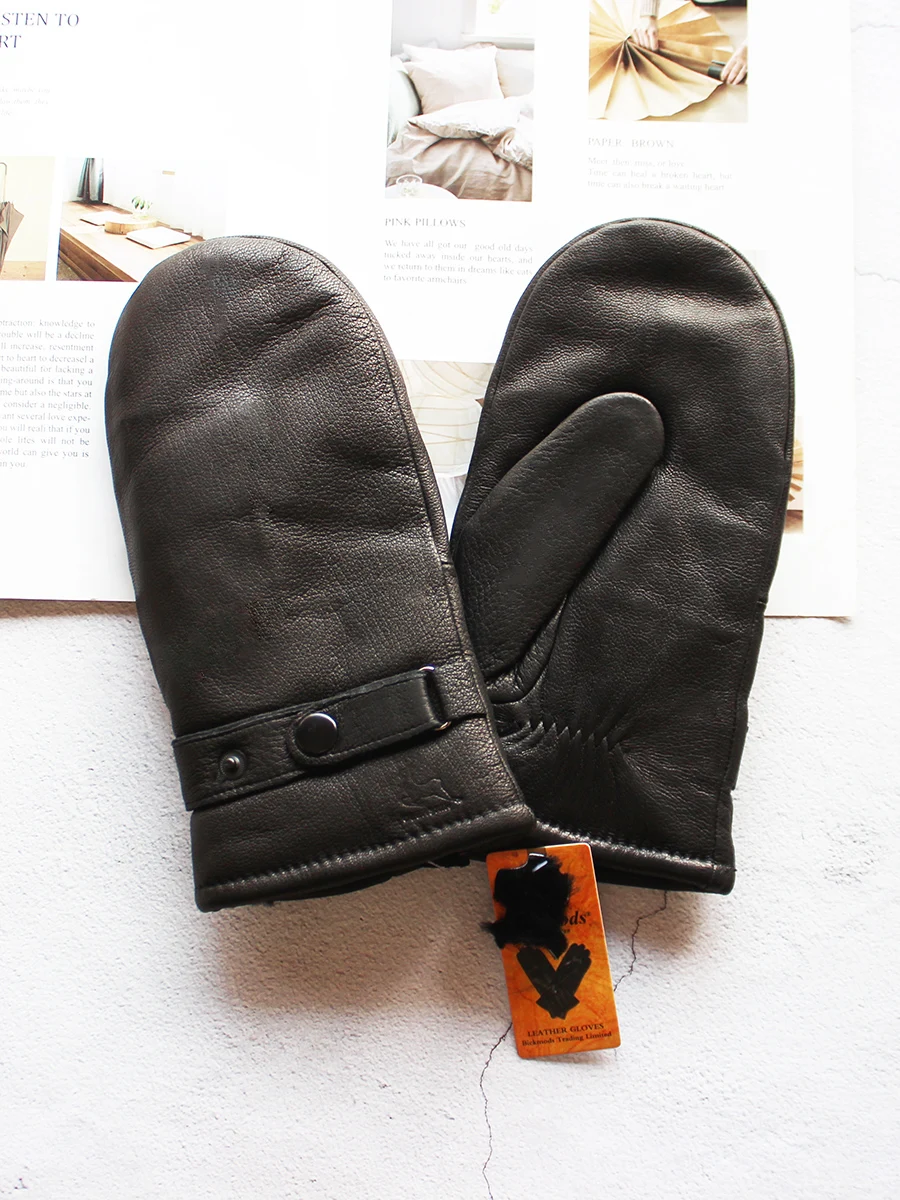 Winter Warm Deer Skin Genuine Leather Mitten for Men Thick Sheepskin Fur Lining Motorcycle Riding Cold Protection Gloves