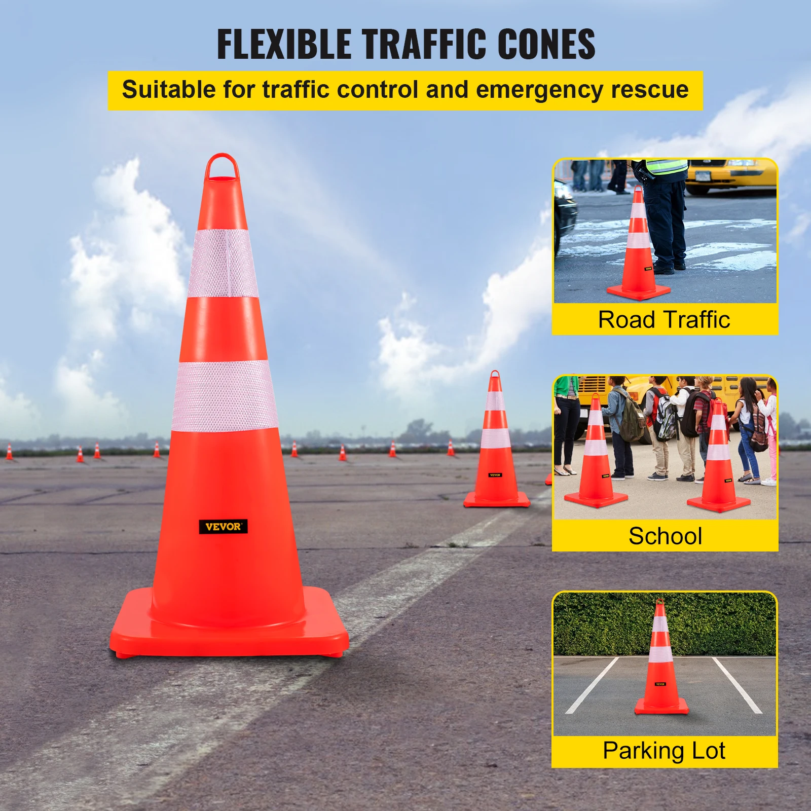 VEVOR Tools Safety Cones 12"x28" High Visibility PVC Orange Traffic Cones with Heavy-Duty Base and Used for Traffic Road Control