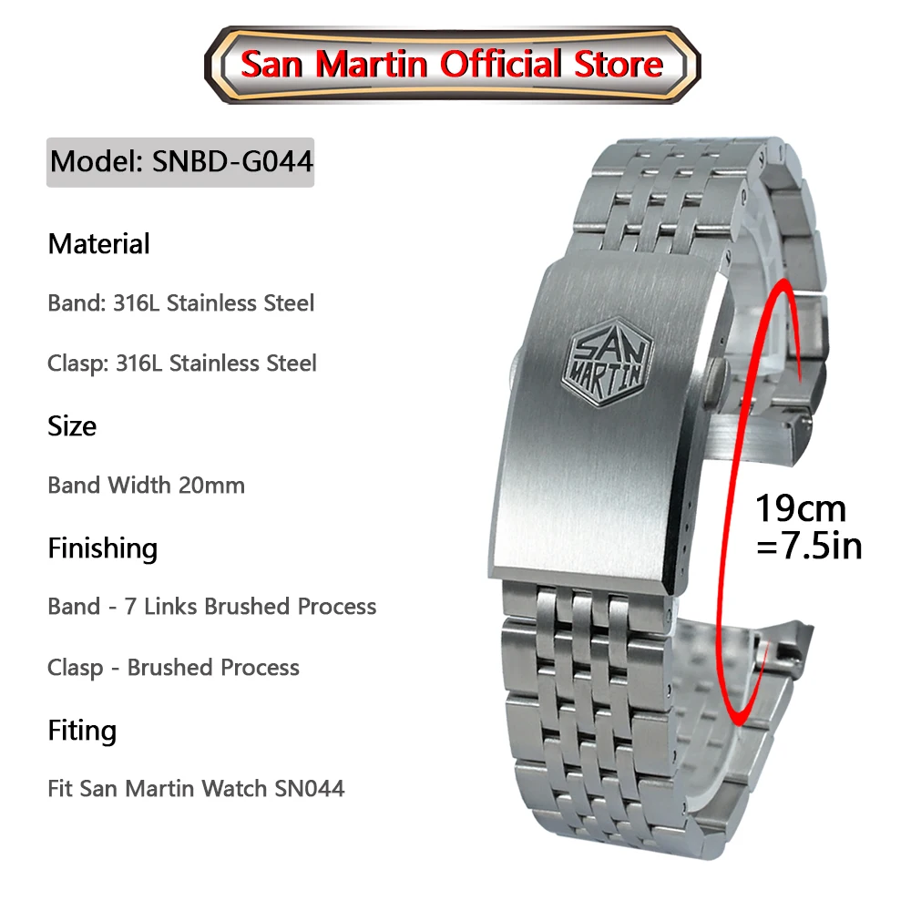 San Martin Watch Bracelet High Quality 7 Links 316L Solid Stainless Steel Watch Parts 20mm Brushed Clasp For SN044-G