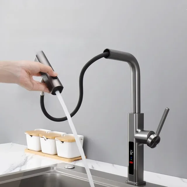 ก๊อกน้ําห้องครัวร้อนและเย็นจอแสดงผลดิจิตอลดึงออกหมุนได้มัลติฟังก์ชั่ผักอ่างล้างหน้าก๊อกน้ํา 1