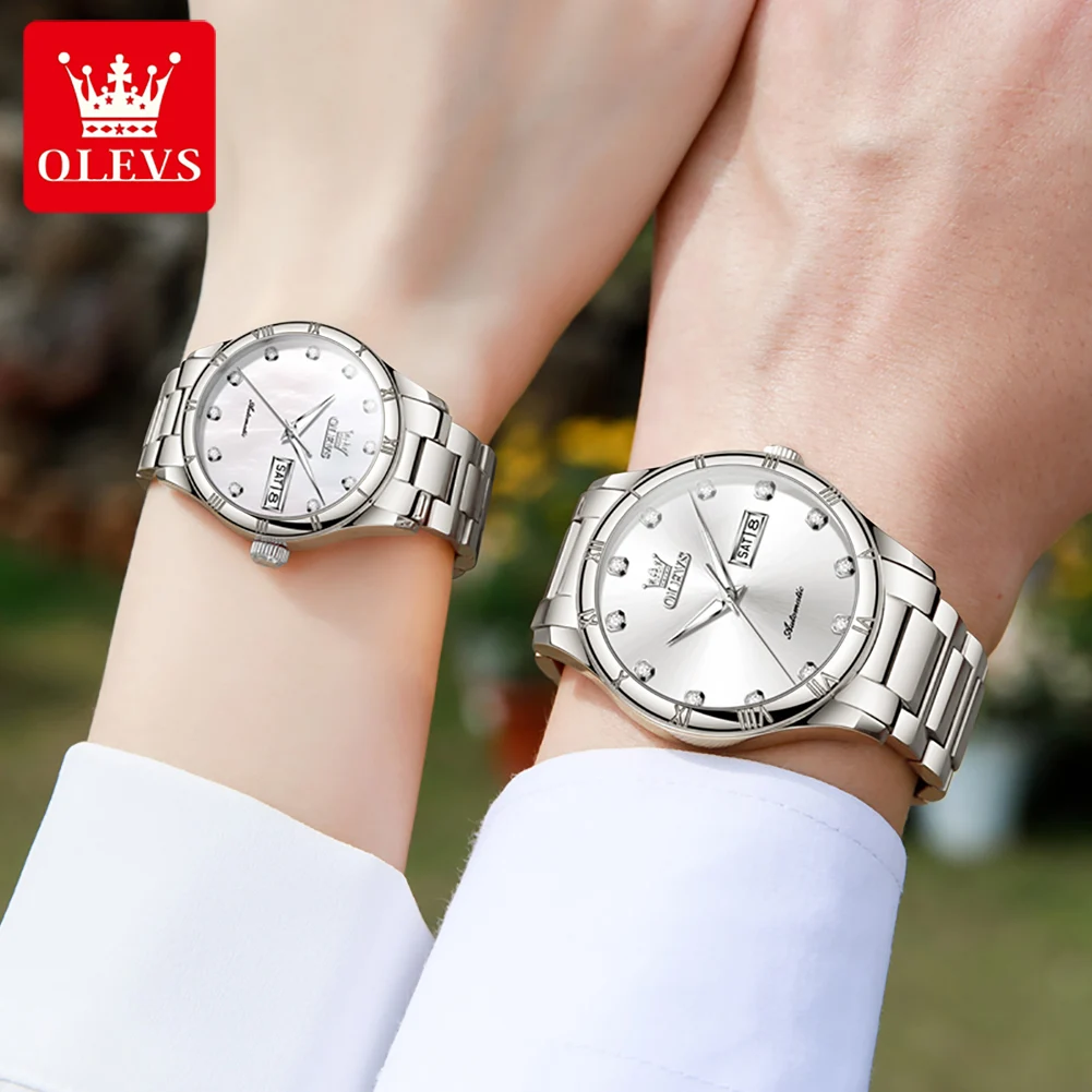OLEVS Couple Watches Simple Fashion Original Automatic Mechanical Lover Watch Waterproof Luminous His and Her Watch Date Week