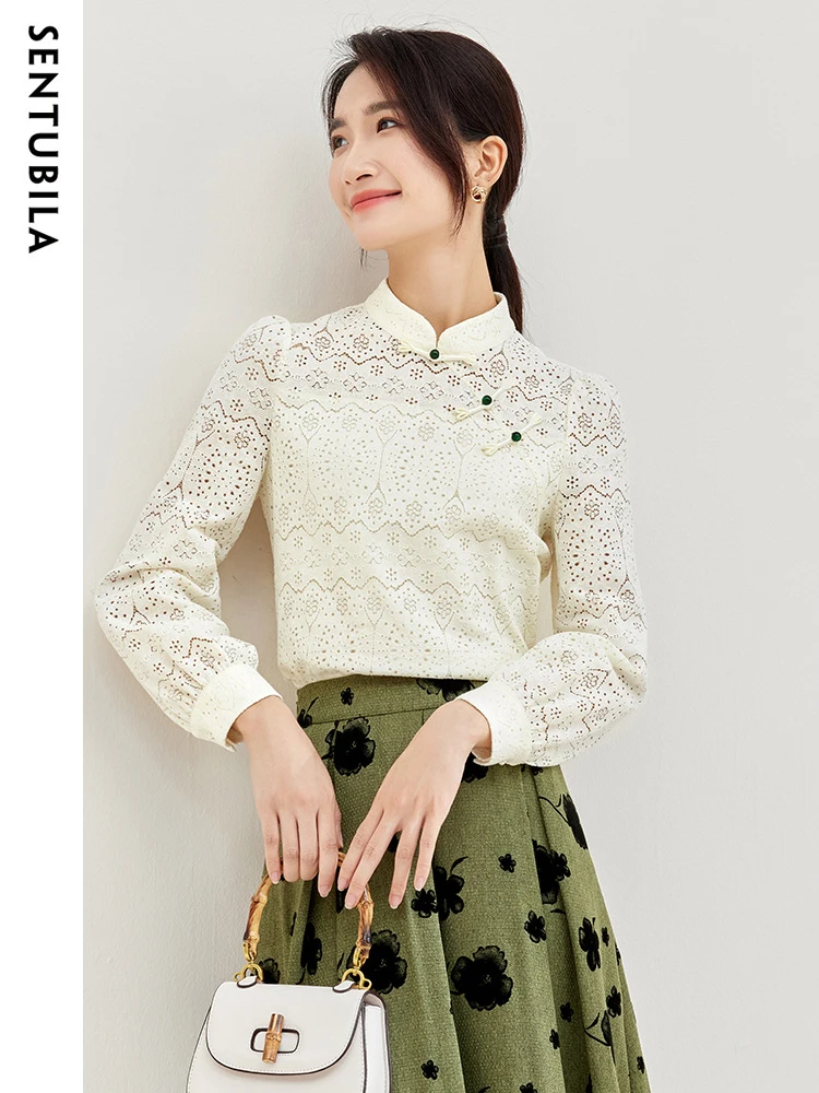 

Sentubila Women's Chinese Style Lace Shirts & Blouses 2023 Autumn Elegant Puff Long Sleeve Hollow Out Jacquard Shirt 133S50936