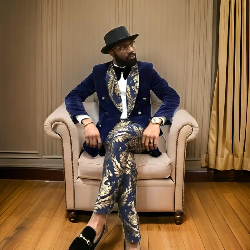 Men Double Breasted Suits Wedding Navy Blue Floral Groom Tuxedo Velvet Blazer with Pants Formal Shawl Lapel Party Wear