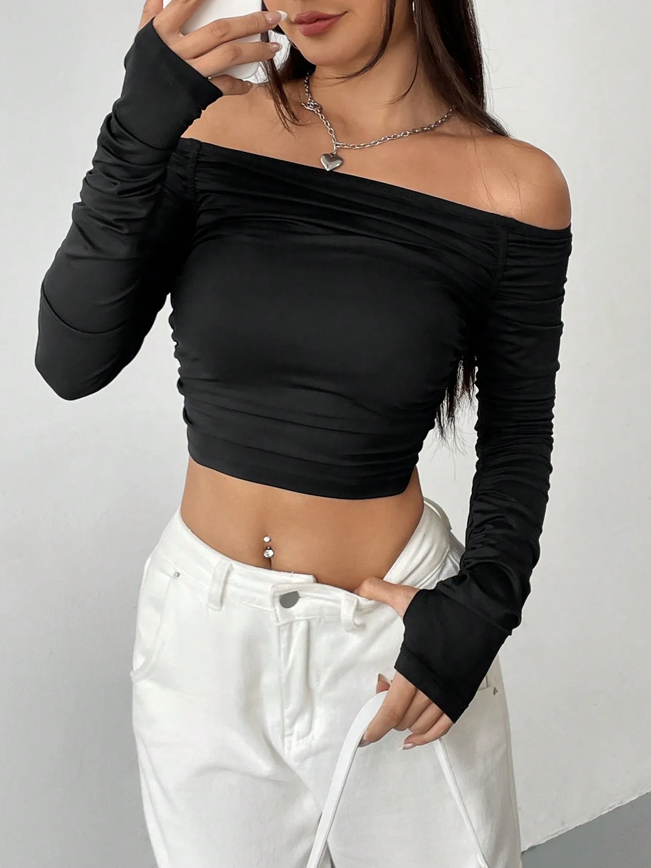 Mesh Shoulder Long Sleeve Crop Top - Slim Fit Streetwear Tee