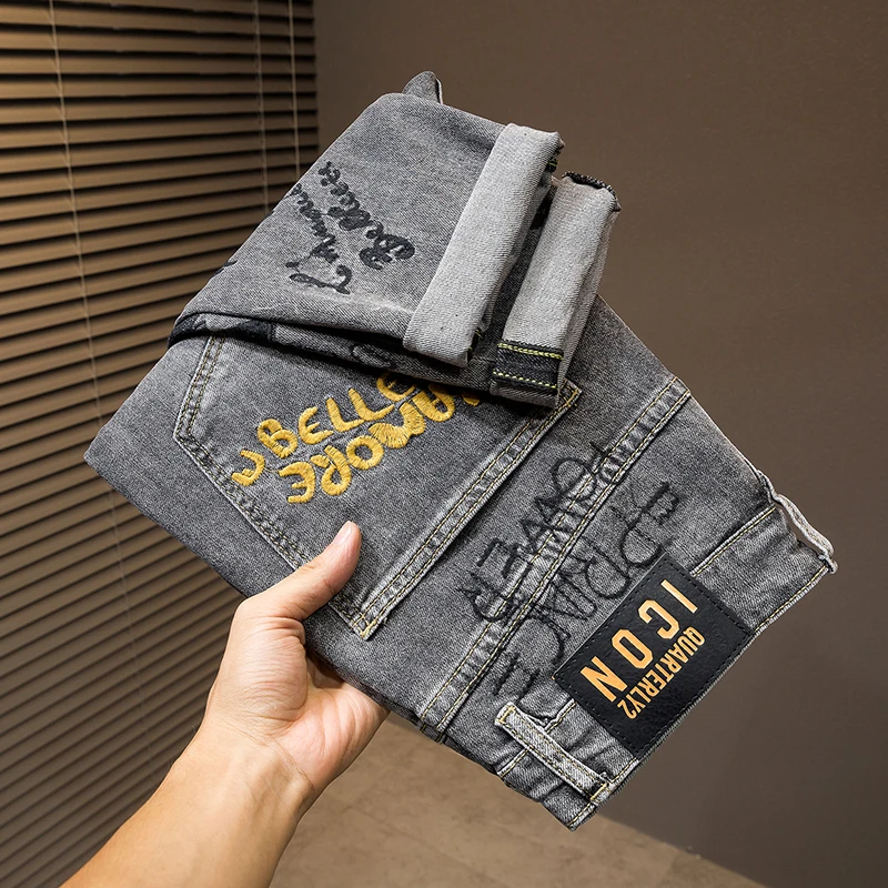 Tide MEN'S jeans light luxury high-end splicing patch slim straight heavy embroidery plump handsome cotton casual fashion pants