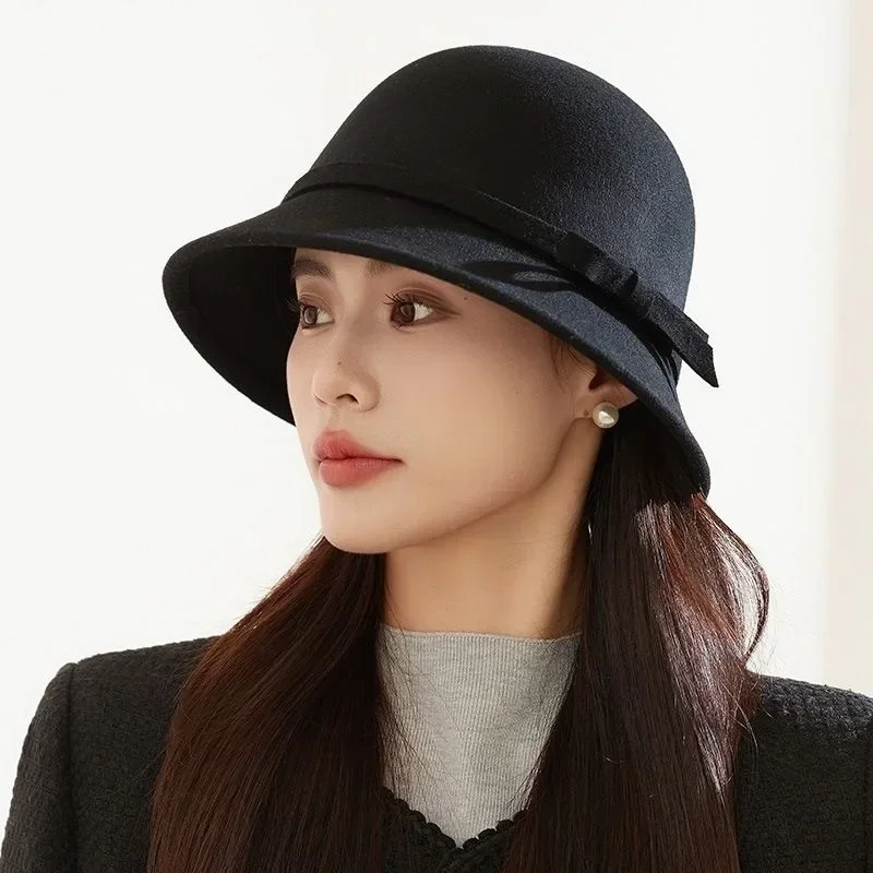 Elegant Bow Fedoras Hats for Women Autumn Winter Retro Imitation Woolen Bucket Hats Solid Color Dome Lady Felt Basin Caps - 3