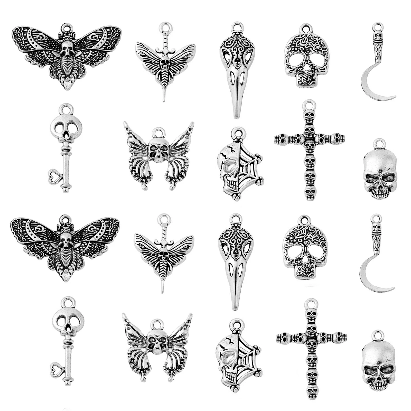 

Pandahall 50Pcs 10 Styles Tibetan Halloween Charms Vintage Skull Head Butterfly Key Cross Charms for Jewelry Making Accessories