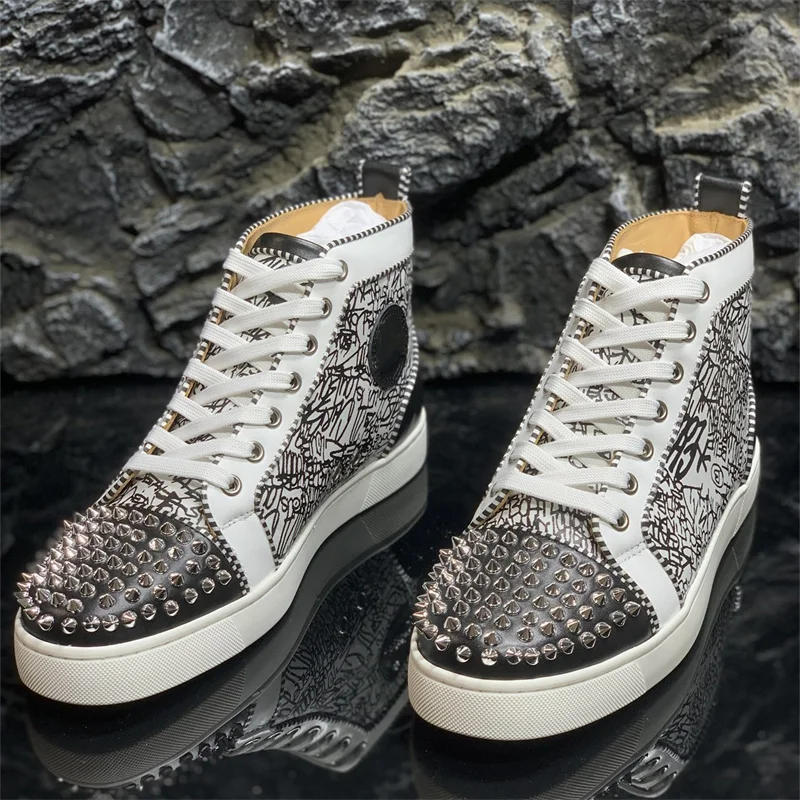 

High Top Luxury Black Stripe Real Leather Red Bottoms Rivet Shoes For Men's Fashion Casual Loafers Women's Brand Spikes Sneakers