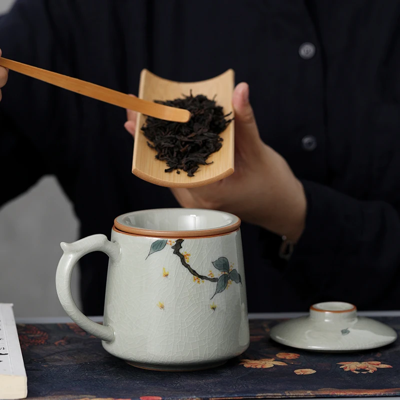 Chinese Style Ceramic Osmanthus Patternt Mug, Home Personal Office Creative Teacup With Cover Filtered Tea Water Separation, 1Pc