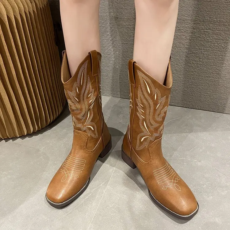 

Autumn Women Western Cowboy Boots Ethnic Leather Mid-calf Boots Woman Slip-on Round Toe Fashion Brown Ladies Botas