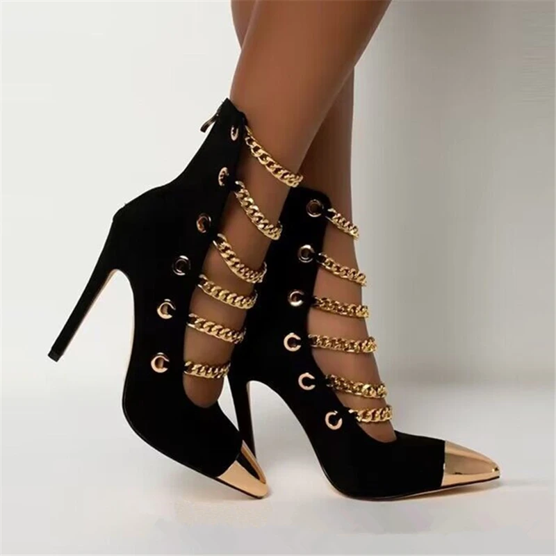 

Summer Trend Boots Women 2023 Pointed Toe Chains Gladiator Ankle Botas Mujer High Heel Dress Pumps Short Booties Stiletto Shoes