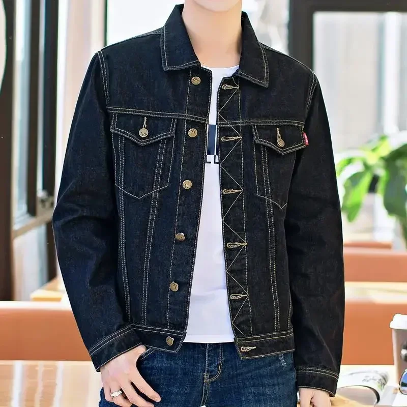 thumbnail image 1 of Abrigo vaquero para hombre, chaqueta vaquera corta informal ajustada con botones para hombre, ropa masculina negra, precio económico, elegante, diseñador Y2k, entrega rápida en Corea, 1 of 5