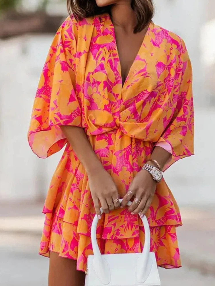 

Шифоновое платье с цветочным принтом, женское летнее повседневное Свободное платье с рукавами «летучая мышь», асимметричные оборки, пляжные женские платья в стиле бохо с высокой талией