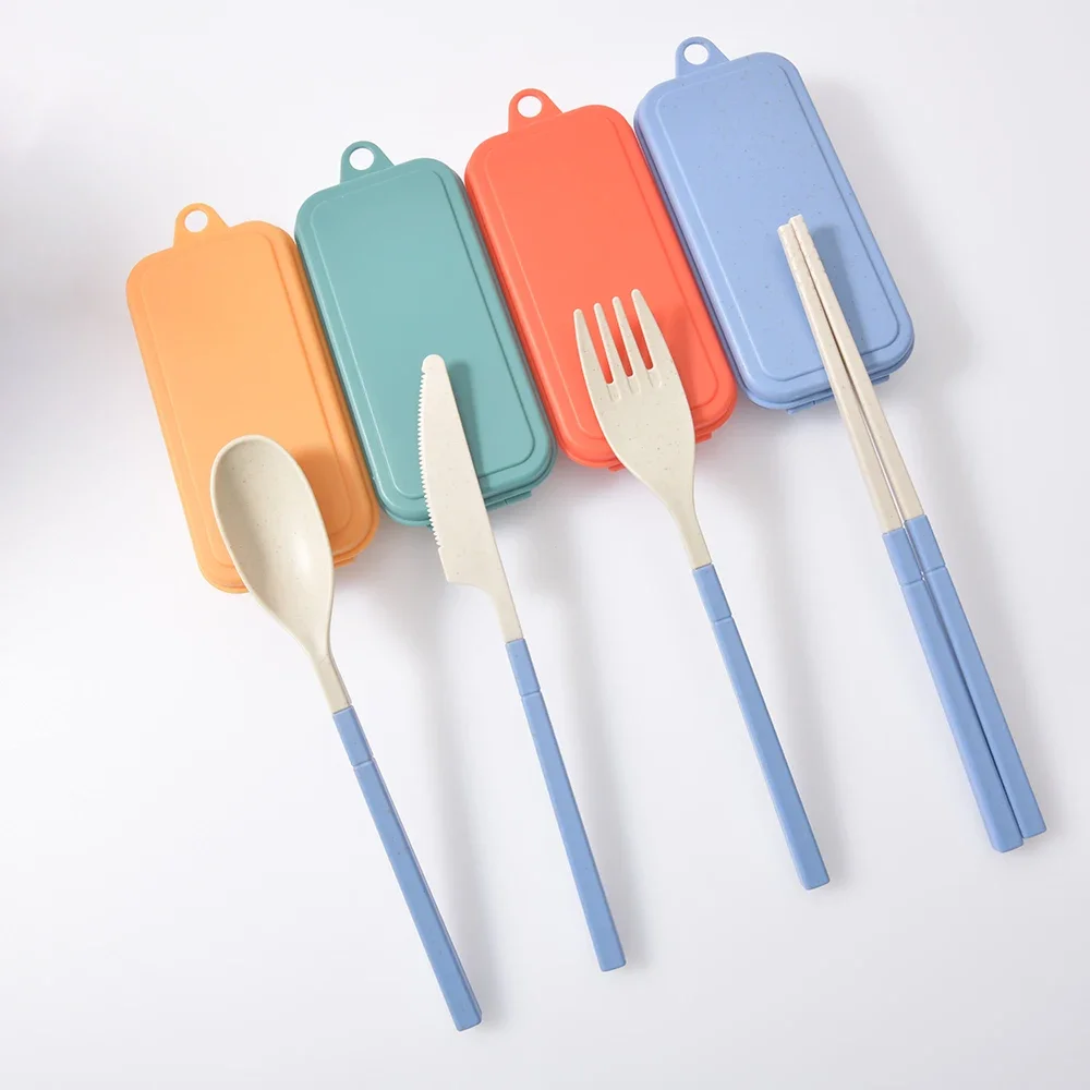 Cutlery Set Western Style Cutlery Set Picnic Cutlery Set Picnic Tableware Camping Cutlery Set Wooden Cutlery Set 4Pcs Portable Tableware Set Wheat Straw Dinnerware Detachable Cutlery Travel Tableware Picnic Cutlery Set