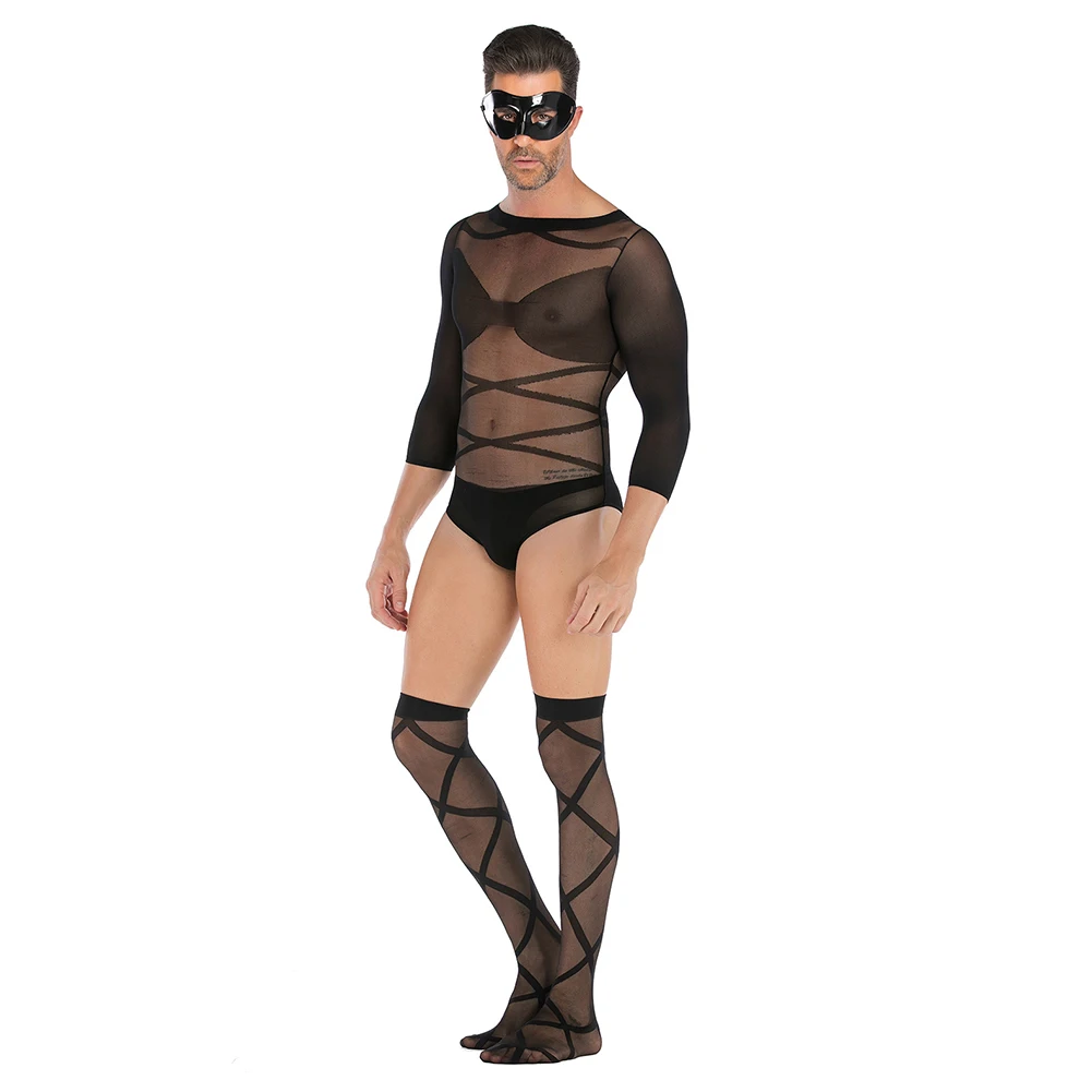 

Sexy Men Sissy Bodysuit See-through Mesh Jumpsuit Fishnet Stocking Full Body Stockings With Patch Clubwear Erotic Lingerie