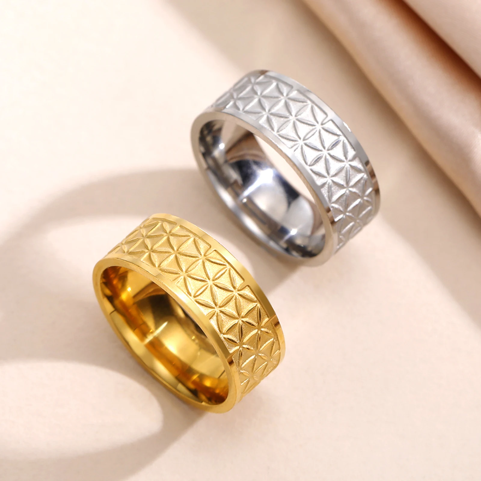Teamer Flower of Life Stainless Steel Ring for Women Men Couple Vintage Aesthetic Geometric Wide Finger Ring Engagement Jewelry