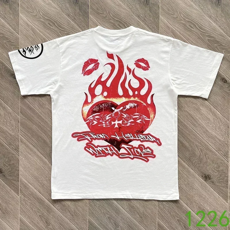 

24ss Hell Star Oversized White Short Sleeves Pure Cotton Men's Women's 1:1 Top Quality Flame Heart Print T-Shirts