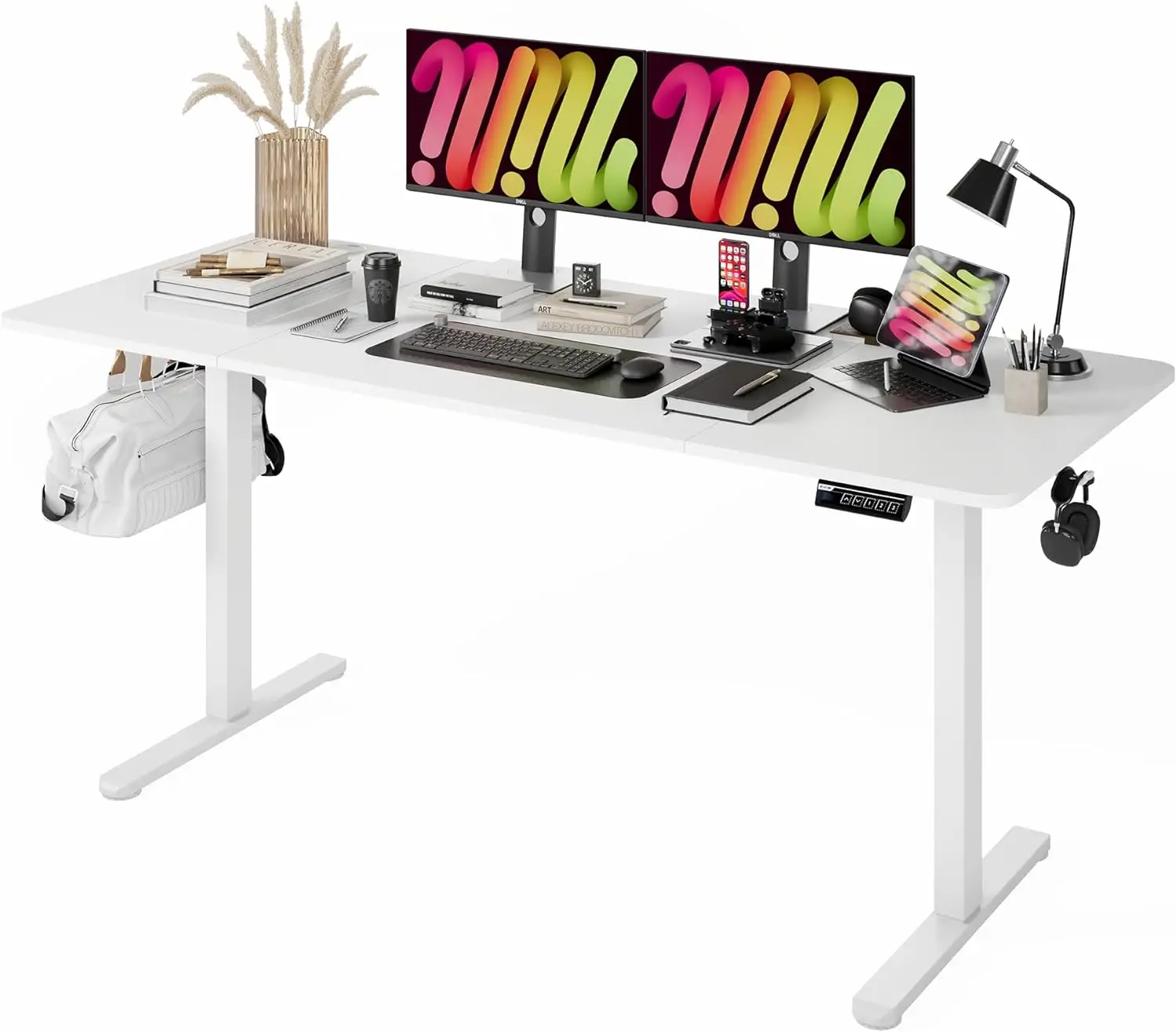 

63 x 28 inch height adjustable desk, ergonomic home office sit-stand desk with memory preset controller white top white frame