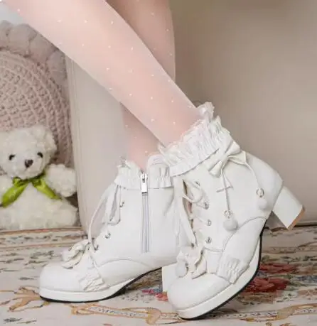 Girls Lolita Shoes Winter Boots Women Pink Velvet PU leather