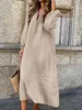 2024 Summer Fashion Cotton and Hemp Long Casual Solid Color Plus Size Dress V-neck Elegant Half Open Women's Long Sleeved Robe