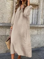 2024 Summer Fashion Cotton and Hemp Long Casual Solid Color Plus Size Dress V-neck Elegant Half Open Women's Long Sleeved Robe
