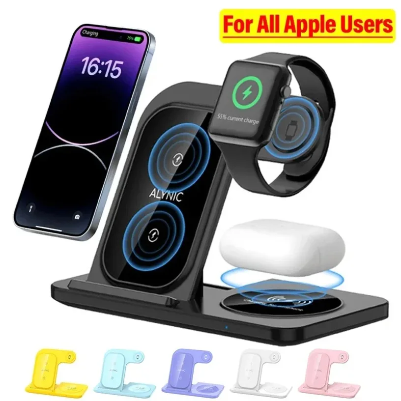 3 in 1 Wireless Charging Station for Apple Devices Foldable Fast Charger Stand for iPhone iWatch AirPods Pro with Night Light