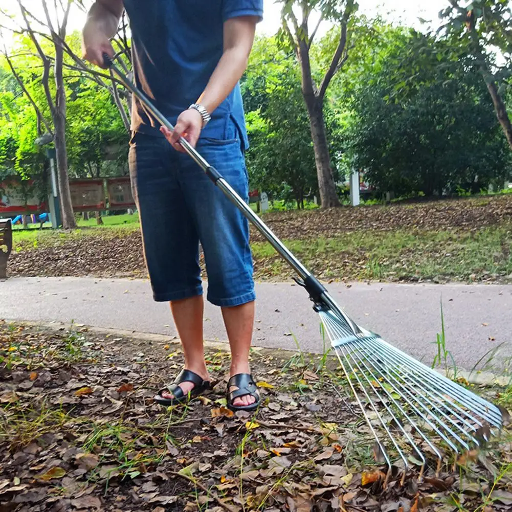 Telescopic Metal Rake Garden Leaf Rake Gardening Leaves Rake Long Handle Claw Rake Nail Rake Backyard Lawn Farm Cleaning Tool