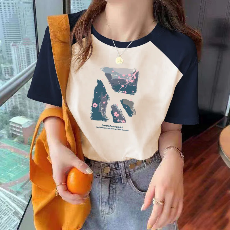 

LKSK Contrast Shoulder Women's Short Sleeved T-shirt with Stylish and Fashionable Pure Cotton Loose New Round Neck Shoulder Top