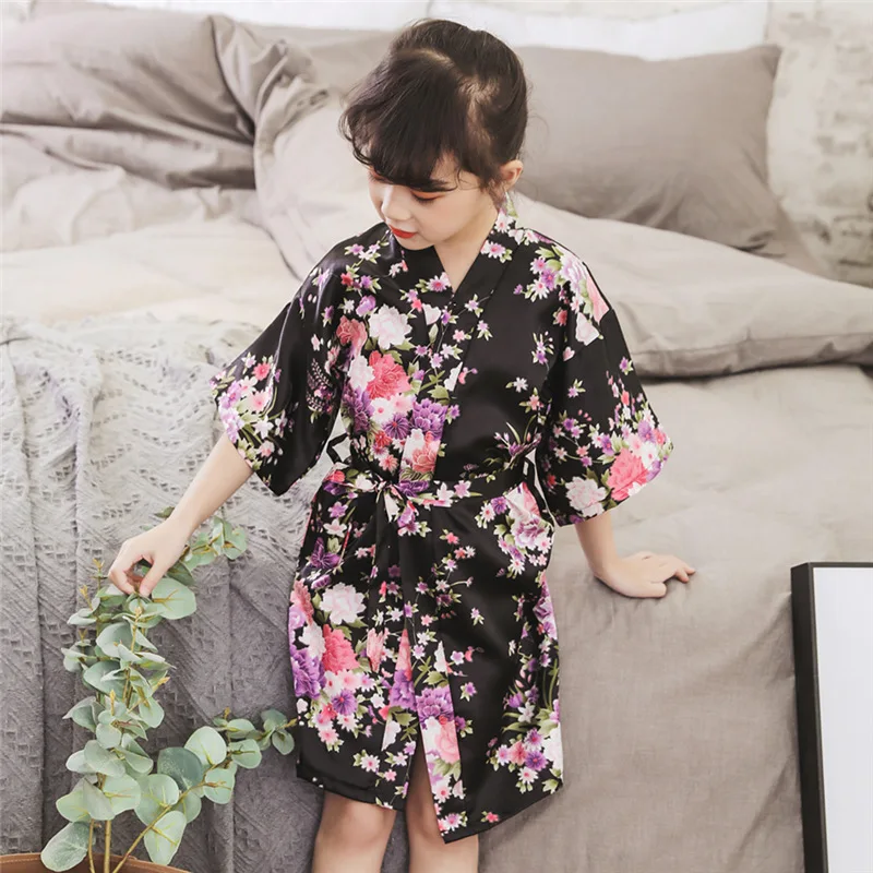 Girls Kimono Yukata Japanese Traditional Style Silk Floral Pajamas Bathrobe Kids Summer Asian Leisure Sleepwear Nightgown