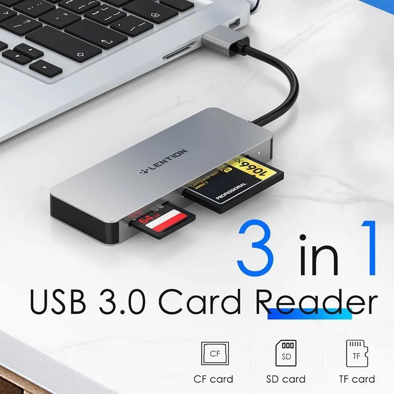 LENTION USB 3.0-CF SD/미니 SD 카드 리더, SD/SDHC/SDXC/MMC/RS-MMC/미니 SD/미니 SDHC용 SD 3.0 카드 어댑터, 실버