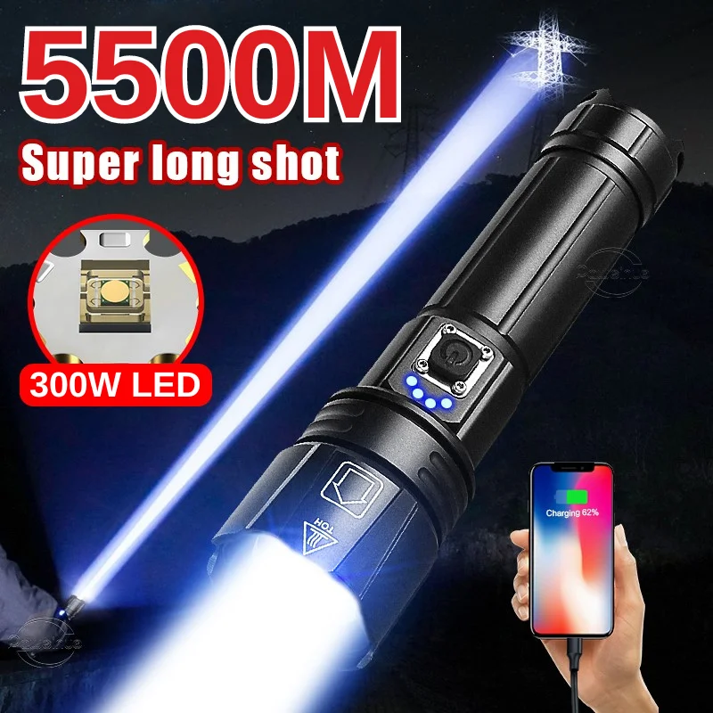 Most Powerful 300W LED Flashlight High Power USB Rechargeable 18650 Torch Light Long Range 5500M Ultra Powerful Tactical Lantern