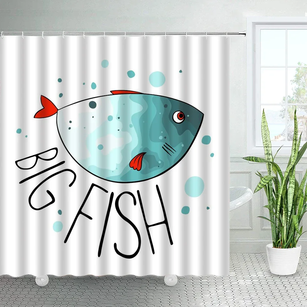 

Тканевая занавеска для душа с мультяшными рыбками в скандинавском стиле, креативный дизайн, Шикарный декор для ванной комнаты, шторы для ванны из полиэстера, набор с крючками