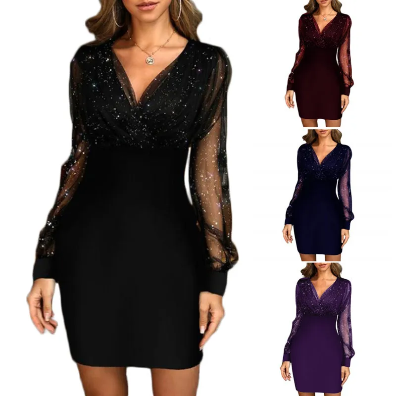 

Pearl Women Sequins Mini Dress Elegant Fashion V-Neck Lantern Long Sleeves Female Dresses Sexy Night Club Bodycon Short Dress