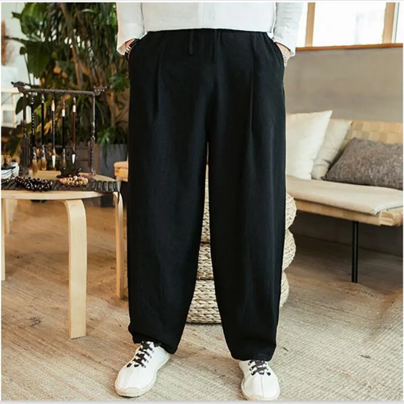 Large Size 6XL 7XL Men's Wide Leg Pants Cotton Linen Loose Harem Pants Summer Trousers Male Loose Pants Drawstring men clothing 4