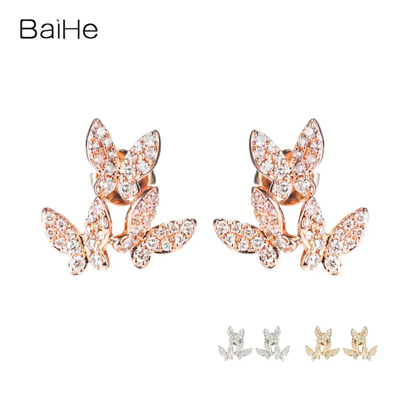 

BAIHE Solid 14K Rose Gold H/SI Natural Diamond Butterfly Stud Earrings Women Wedding Trendy Fine Jewelry pendientes mujer серьги