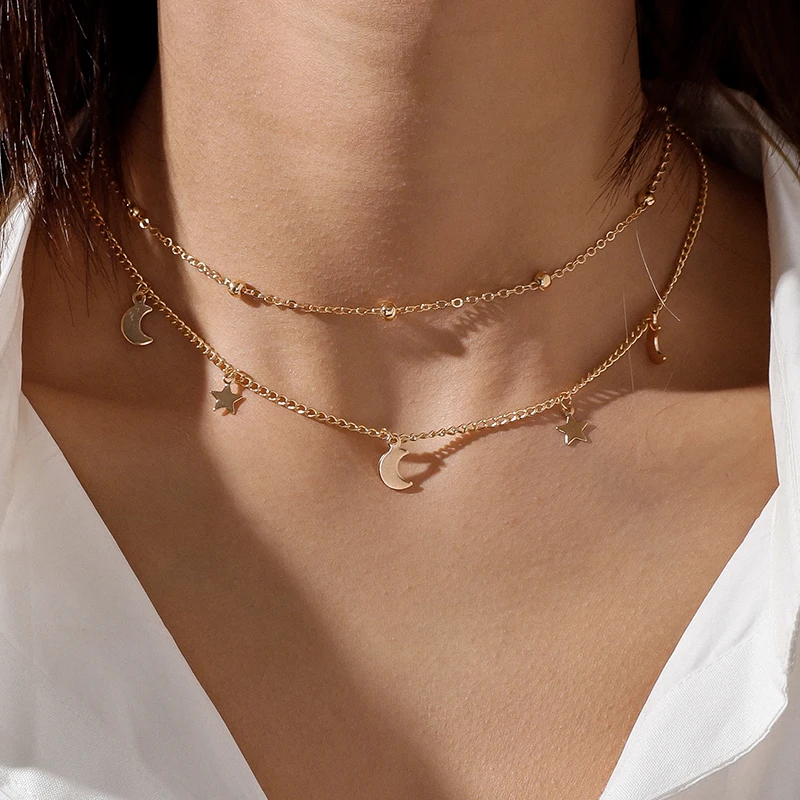 Aihua Einfache Sterne Mond Halskette Mode Doppel Schicht Frauen Schlüsselbein Minimalistischen Anhänger Halsketten Collares Schmuck Bijoux Geschenke