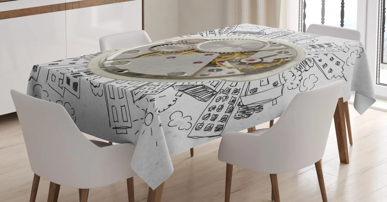 Clock Tablecloth Alarm Clock with Cloudsd Buildings Printed Fabric Dining Table Cloth for