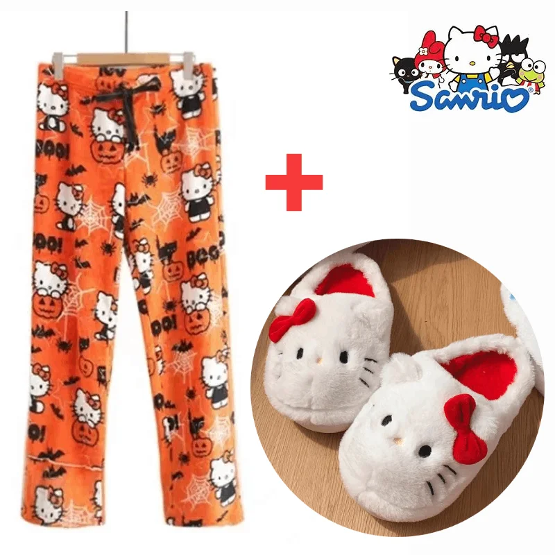 

Hello Kitty Christmas Pajamas Pants Sanrio Y2k Women Autumn Winter Warm Plush Flannel Trousers Kawaii Female Casual Home Pants