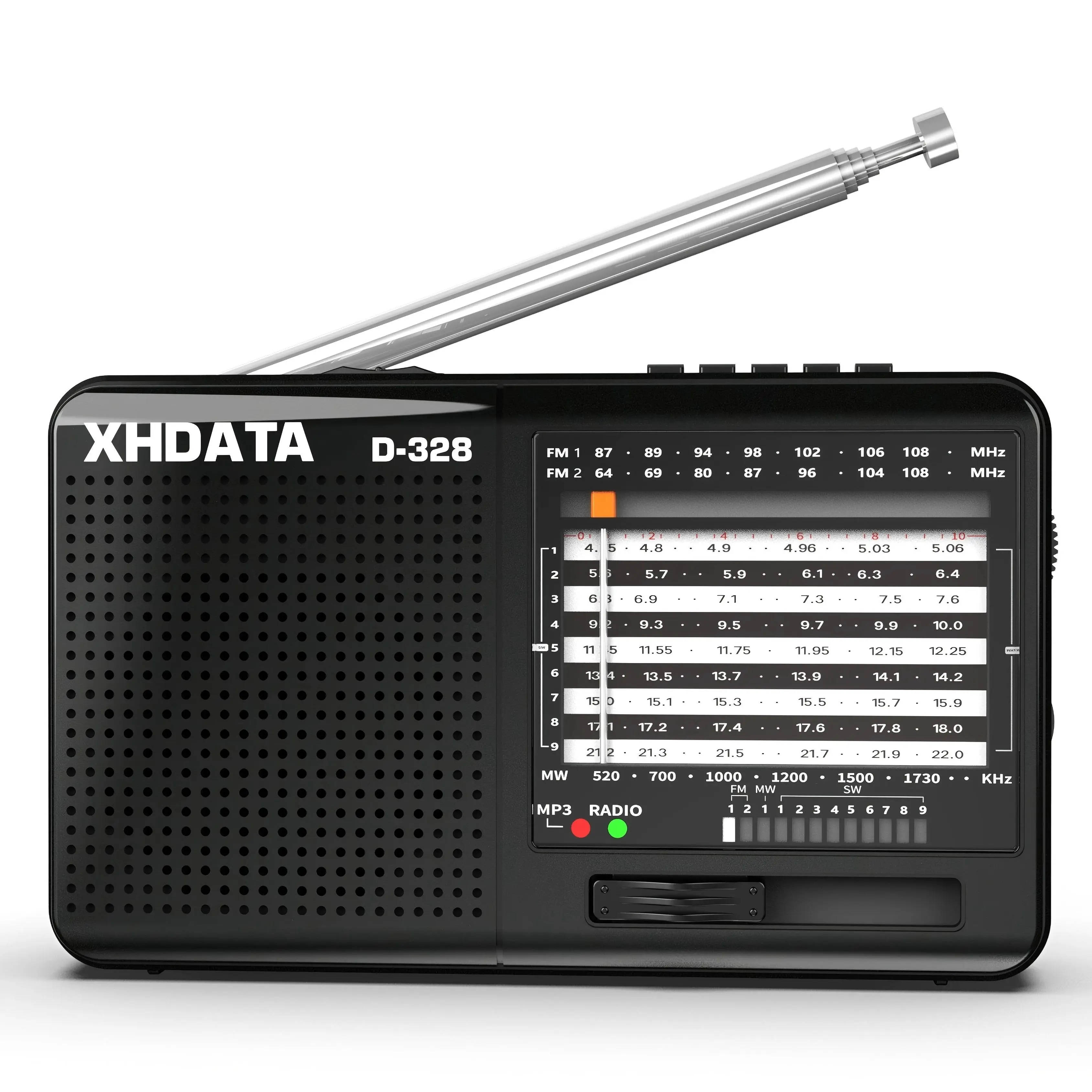 XHDATA D-328 휴대용 포켓 FM1-2/AM/SW 라디오 DSP 블루투스/TF MP3 플레이어 타입-C 컴팩트 여행 캠핑 라디오 (노인용)