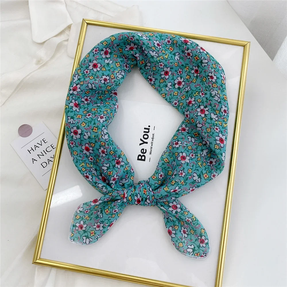 꽃 프린트 Neckerchief 작은 Hijab 스카프 여성 패션 손수건 목 스카프 Shawls 코튼 블렌드 한국어 헤어 스카프 58CM
