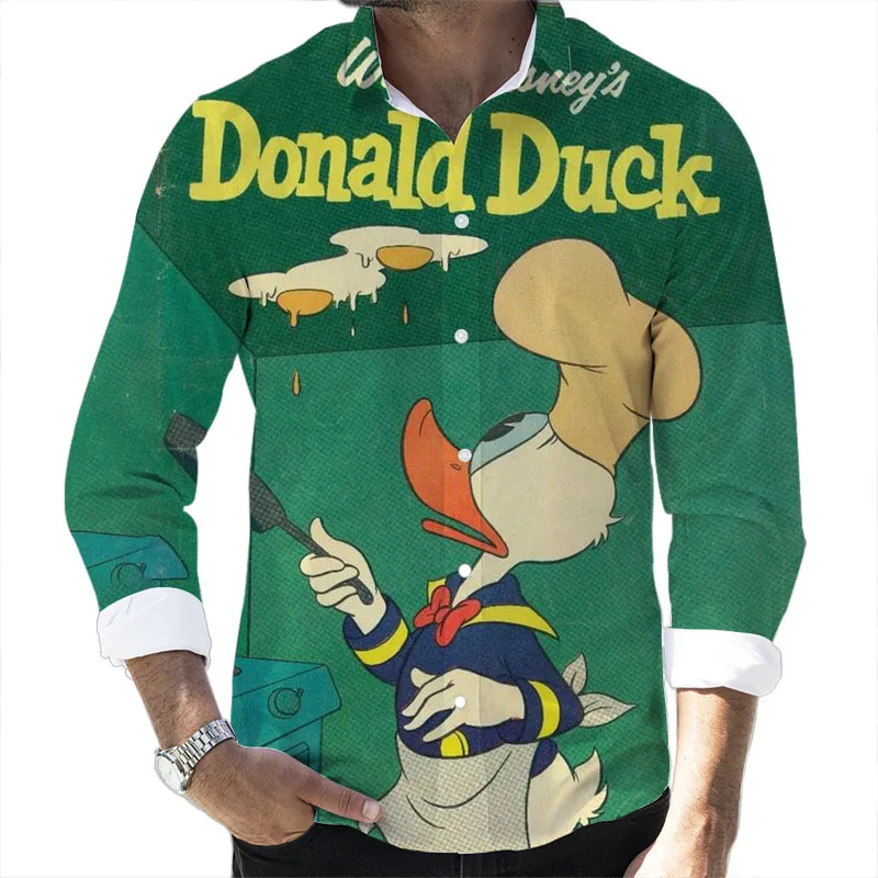 Mickey Minnie Donald Duck Cartoon 2024 Spring Harajuku New Fashion Casual 3D Printed Long Sleeve Lapel Shirt Slim Men's Top
